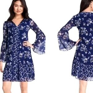 WHBM Dress Blue Floral Print Tassel Tie‎ Neck Boho Mini Small